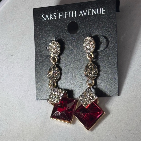 Saks Fifth Ave Pave Teardrop Crystal Post With Drop Red Crystal Earrings - Picture 2 of 9